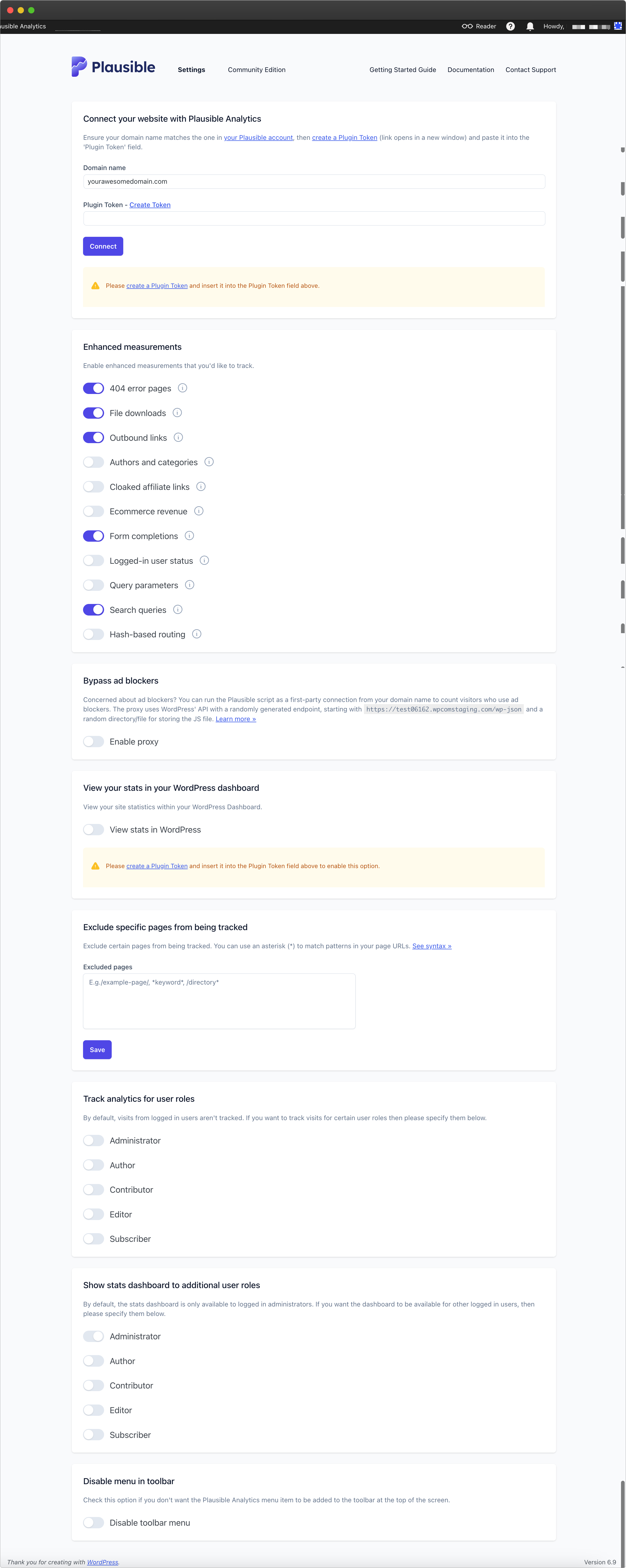 Plausible Analytics WordPress plugin settings