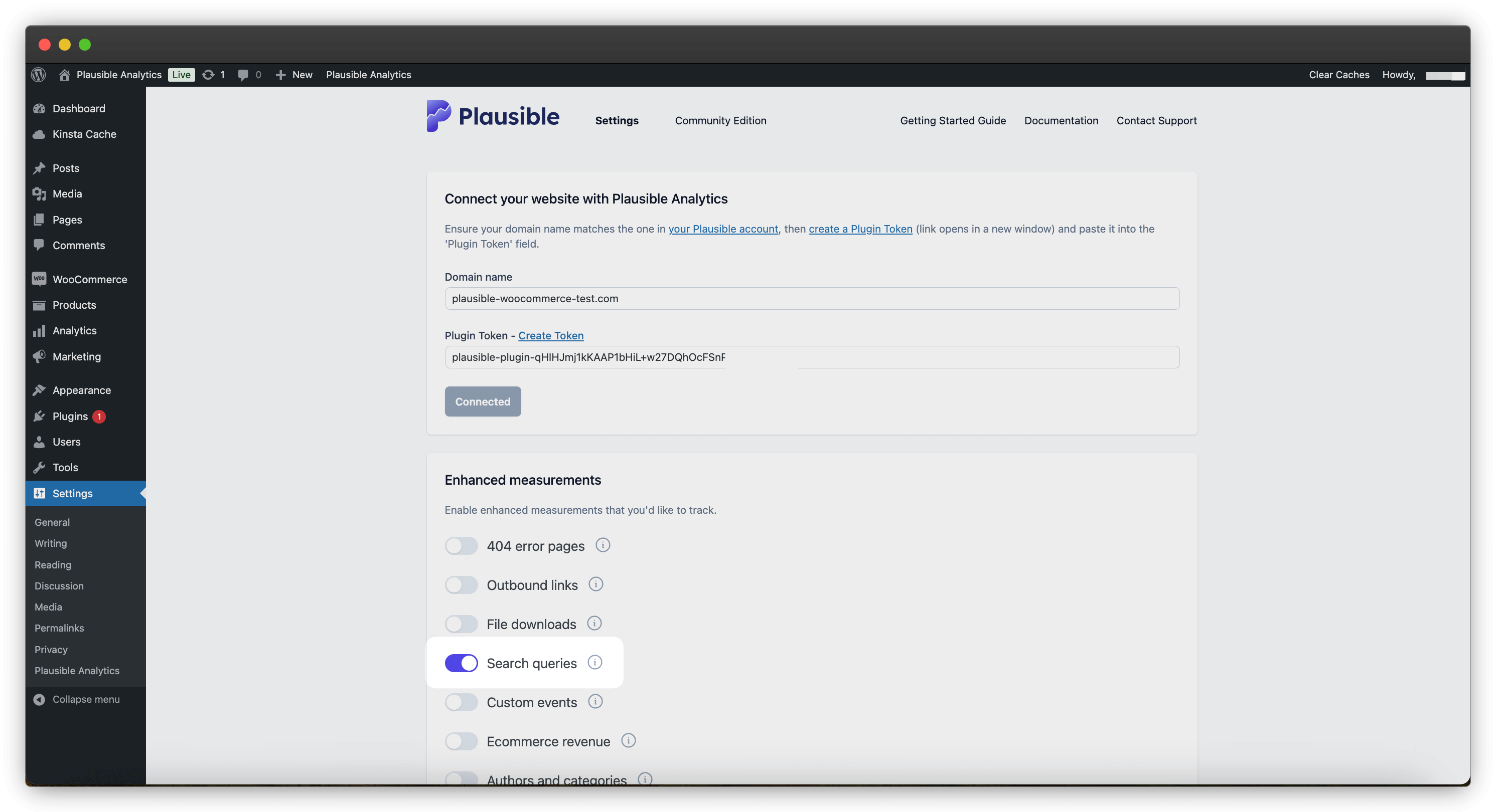 Wordpress search queries tracking with Plausible plugin